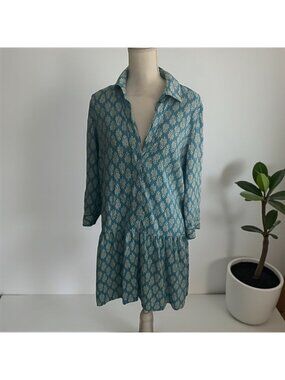 ZARA Blue Floral Long Sleeve Drop Waist Dress Size Medium